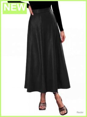 Faux Leather High Waisted A-Line Midi Skirt for Work Office Business Casual